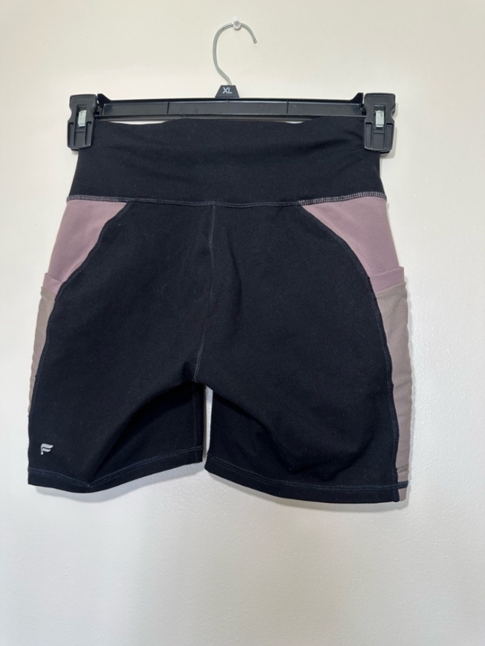 Fabletics PowerHold Black Bikers Shorts with Mauve and Taupe Panels